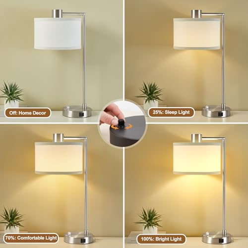 Luvkczc Table Lamps for Living Room with USB C+A Ports - Fully Stepless Dimmable Bedsides Lamp with Linen Lampshade, Lamps for Night Stands Bedroom Reading Office, 2 LED Bulbs Included (Silver) - color: Silver