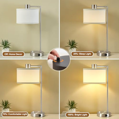 Luvkczc Table Lamps for Living Room with USB C+A Ports - Fully Stepless Dimmable Bedsides Lamp with Linen Lampshade, Lamps for Night Stands Bedroom Reading Office, 2 LED Bulbs Included (Silver) - color: Silver