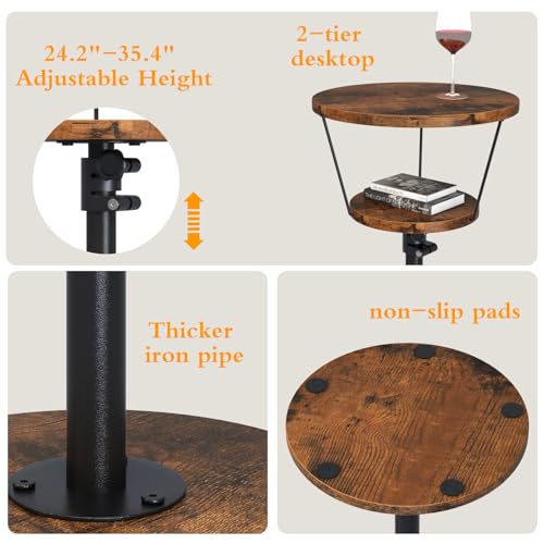 Small Side Table, 2 Tier Drink Table, Height Adjustable Round End Table, Pedestal Side Table for Small Spaces in Living Room, Bedroom, Brown - color: Brown-2 Tier