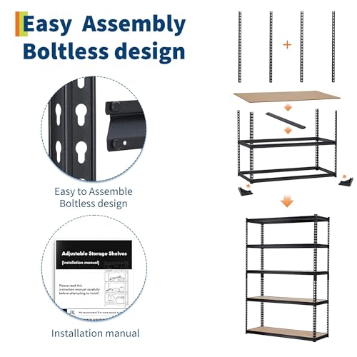 Storage Shelving Unit, 5-Tier Adjustable Metal Storage Shelves, 48" L x 24" W x 72" H Heavy Duty Garage Storage Shelves for Kitchen Pantry Basement Bathroom Laundry - size: 48" L x 24" W x 72" H
