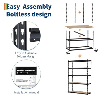 Storage Shelving Unit, 5-Tier Adjustable Metal Storage Shelves, 48" L x 24" W x 72" H Heavy Duty Garage Storage Shelves for Kitchen Pantry Basement Bathroom Laundry - size: 48" L x 24" W x 72" H