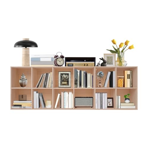 Wooden 12 Cube Shelf Bookcase, Floorstanding Bookshelf with Open Compartments & Back Panel 70.87x11.81x23.62 Inch, Solid Wood Cube Storage Organizer for Living Room, Bedroom (12 Cube) - size: 12 Cube