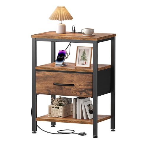 OLIXIS Nightstand with Charging Station, Bedside Tables with USB Ports and Fabric Drawer, Small Night Stand with Open Adjustable Shelf, Compact End Table for Bedroom, Rustic Brown - color: Rustic Brown, size: 15.7"Dx11.8"Wx23.4"H(1 Drawer)
