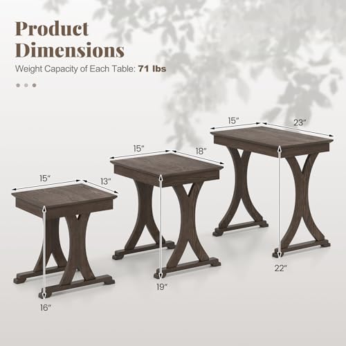 Giantex Nesting Coffee Table Set-of-3 - Stackable Rectangular Sofa End Side Table w/Solid Rubber Wood Legs, Vintage Farmhouse Night Stand for Bedroom Living Room Home Office Small Spaces