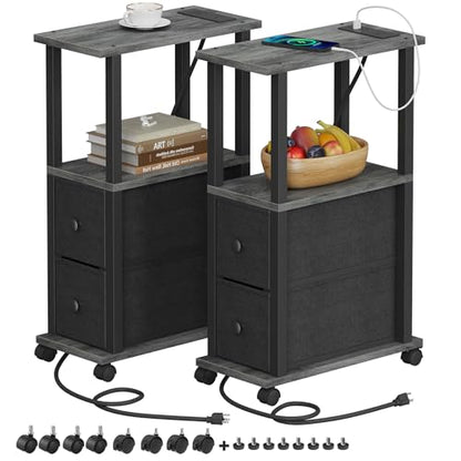 TUTOTAK Small Narrow End Tables, Side Tables with 2 Fabric Drawers, Set of 2, Bedside Tables with Charging Station for Small Spaces, Slim Nightstands with USB Ports and Wheels, TB01BY053 - color: Charcoal Grey, style: with Outlets