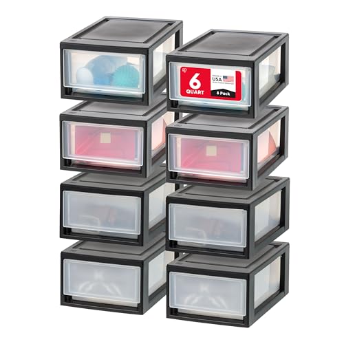 IRIS USA 6 Qt. Plastic Drawer Storage Organizer Stacking Drawers, 8-Pack, Stackable Unit with Sliding Drawer for Clothes Bedroom Kitchen Under Sink Pantry Craft Room Bathroom Dorm Office, Black - size: 6 Qt - 8 Pack