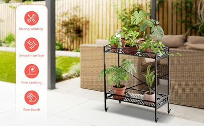Zhongma 2 Tier Window Height Sturdy Metal Plant Stand with Wheels, 32.7x16x39.4 Inch High, Heavy Duty Succulent Shelf for Home Indoor and Outdoor, 440 LBS Capacity & Heavy Duty Construction - color: 2 Tier 32.7x16x39.4 inch