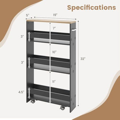 LOKO Slim Storage Cart, 4-Tier Rolling Cart with Handle & Wooden Top for Kitchen Bathroom Laundry Living Room Narrow Small Spaces, 5 Inches Width (Grey & Natural) - color: Grey & Natural