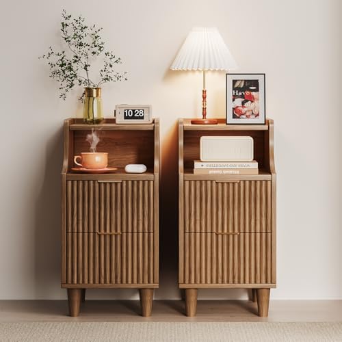 Narrow Nightstand Set of 2,11.8" Fluted Bedside Table Set of 2, Slim Side End Table with 2 Drawers, Wooden Bedside Table, Mid Century Modern Night Stand for Bedroom Livingroom Sofa Office - color: Walnut,11.8" With 2 Drawers