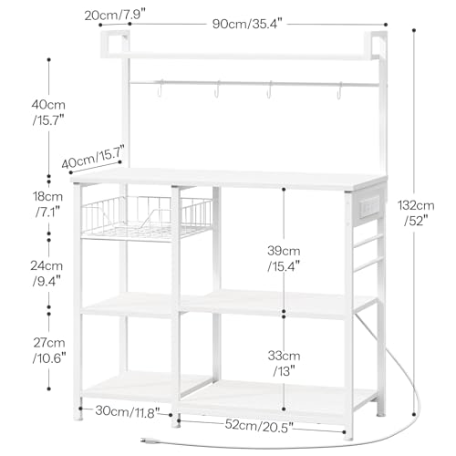 HOOBRO Bakers Rack with Power Outlet, 35.4 Inches Coffee Bar with Mesh Basket, Microwave Stand with 4 S-Shaped Hooks, Kitchen Bakers Rack with Storage, Easy to Assemble, White WT05HB01 - color: White