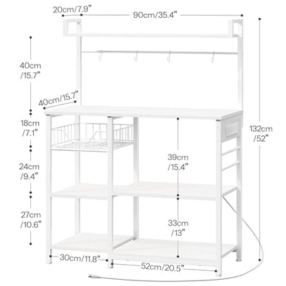 HOOBRO Bakers Rack with Power Outlet, 35.4 Inches Coffee Bar with Mesh Basket, Microwave Stand with 4 S-Shaped Hooks, Kitchen Bakers Rack with Storage, Easy to Assemble, White WT05HB01 - color: White