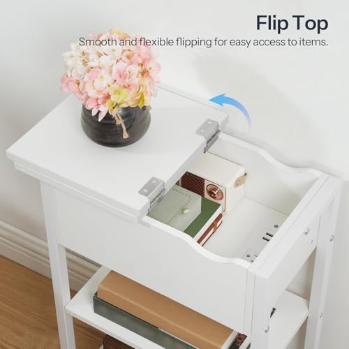 HOOBRO End Table with Charging Station, Narrow Side Table, Flip Top Nightstand with USB Ports and Outlets, Bedside Tables with Shelf for Small Spaces, Living Room, White WT341BZ01 - color: White