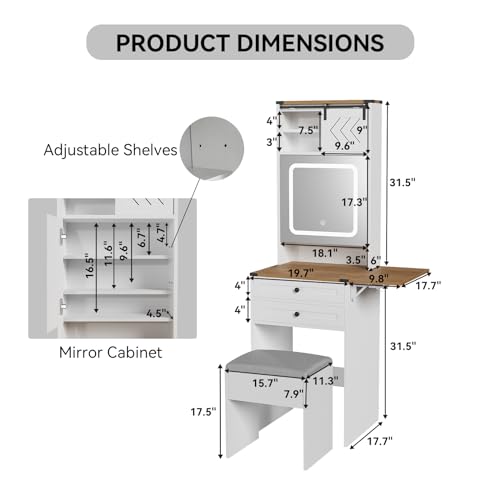 ARTETHYS Farmhouse Small Vanity Desk with Mirror Cabinet & Storage Chair | Mini Makeup Vanities Set with Fold-up Panel, White Dressing Table with 3 Adjustable Lights for Compact Space - color: White and Brown