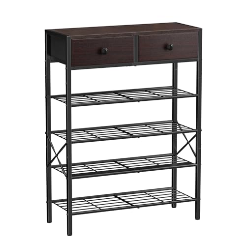 Shoe Rack for Entryway, 5 Tier Shoe Organizer with 2 Non-Woven Drawers, Metal Storage Shoe Shelf for 16-20 Pairs of Shoes, with Wooden Top and Steel Frame, Shoe Stand for Closet Dark Brown - color: Dark Brown, size: 5-Tier