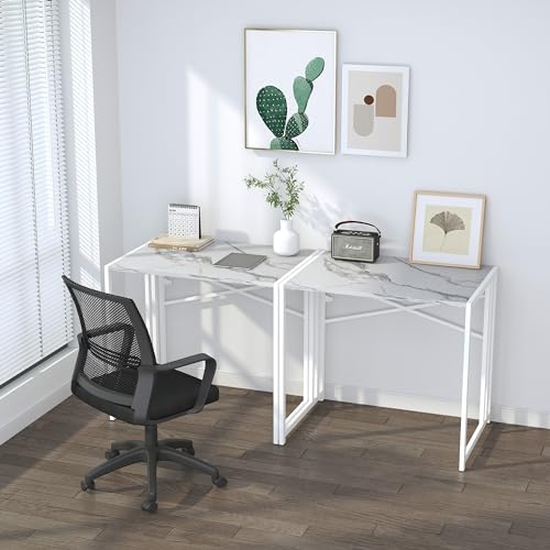 Lutown-Teen 32 inch Folding Small Desk, Writing Gaming Computer Camping Desk for Small Spaces, No Assembly Required Home Office Desk, White Marble - color: White Marble, size: 32 Inch