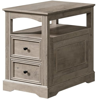 Farmhouse End Table with 2 Drawers, Narrow Sofa Side Table with Storage and Open Shelf, Wooden Nightstand for Small Spaces, Bedroom, Living Room, Greige - color: Greige