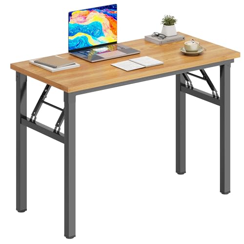 DlandHome 31.5 Inch Small Folding Computer Desk for Home Office, Teak Black | Foldable Writing Table for Small Spaces Bedroom, No Assembly Required, Wood Top Metal Frame, Collapsible Compact Easy Storage - color: Teak + Black, size: 31.5 Inches