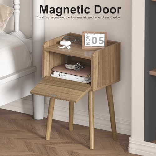 LAATOOREE Small Nightstand Set of 2, Side End Table with Fluted Door, Bedside Table with Solid Wood Legs, Mid-Century, for Bedroom, Small Beds - color: Rustic Walnut, style: Fluted Style
