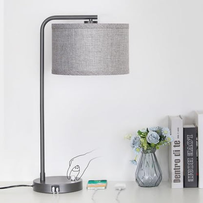Gray Bedside Lamp with USB C+A Charging Ports, Fully Dimmable Modern Nightstand Lamp with Grey Fabric Shade, Tall Reading Lamp Desk Lamp for Bedroom Living Room Office with 3000K LED Bulb - color: Metal Gray Base with Gray Shade