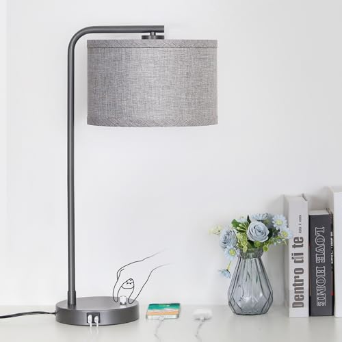 Gray Bedside Lamp with USB C+A Charging Ports, Fully Dimmable Modern Nightstand Lamp with Grey Fabric Shade, Tall Reading Lamp Desk Lamp for Bedroom Living Room Office with 3000K LED Bulb - color: Metal Gray Base with Gray Shade