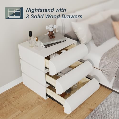 IKuinen Nightstand, Minimalist Bedside Table with 3 Solid Wood Drawer, Night Stands with Microfiber Leather, End Table for Bedroom-White - size: 3 Drawers