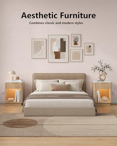 Akxomel Fluted Nightstand, Wooden Night Stand with Charging Station and LED Light, Modern Bedside Table with Drawer and Faux Marble Top, 15" D x 15.7" W x 22.6" H, for Bedroom, Natural Oak and White - color: Natural Oak and White