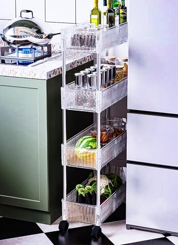 4-Tier Plastic Rolling Utility Cart with Wheels, Multifunctional Storage Organizer Cart for Home, Office, Kitchen & Bathroom, Narrow & Clear, 6.7”W * 12.8”L * 33”H - color: 4-layers, size: Narrow - 6.7"Wide