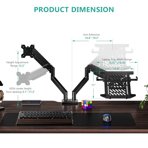 WALI Laptop Desk Mount, Dual Monitor Arm with Laptop Holder, Adjustable Height Laptop Arm Mount for Desk, Fits 17” Notebook and 32” Monitors, Up to 22Lbs (GSMP002LP), Black - size: Dual, style: Fully Adjustable Desk Mount