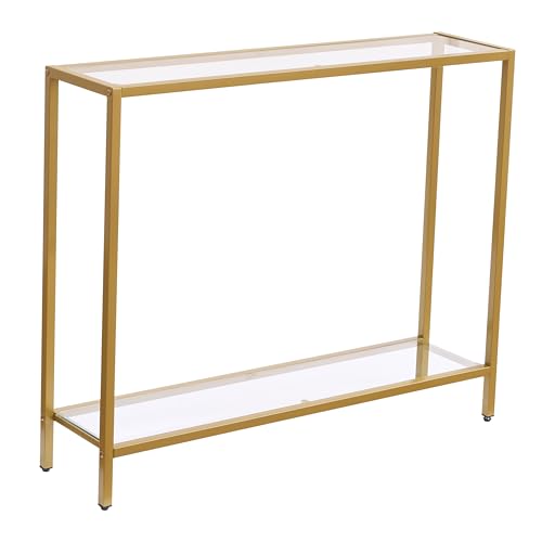 MAJARO Small Modern Console Table for Entryway, Tempered Glass with Metal Frame Sofa Table for Living Room, Hallway, Office (Double-Layer, Gold) - color: Gold, style: Double-layer