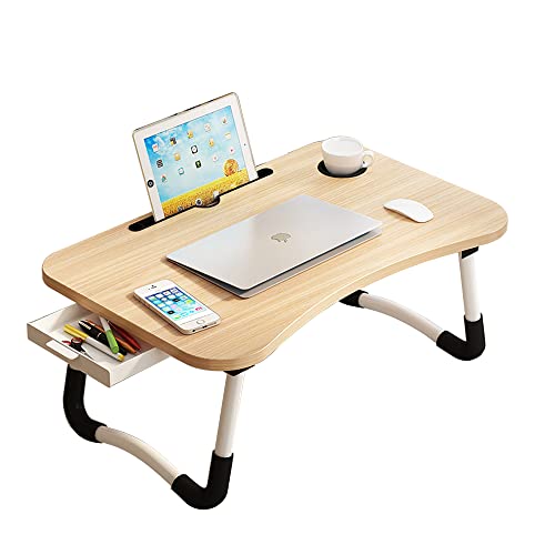 Lap Desk with Storage Drawer, Holders for Cup and Tablet, Laptop Bed Tray Table with Foldable Legs, Laptop Bed Stand, Portable Standing Table for Sofa Couch Floor (23", Walnut) - color: Walnut, size: 23.6"