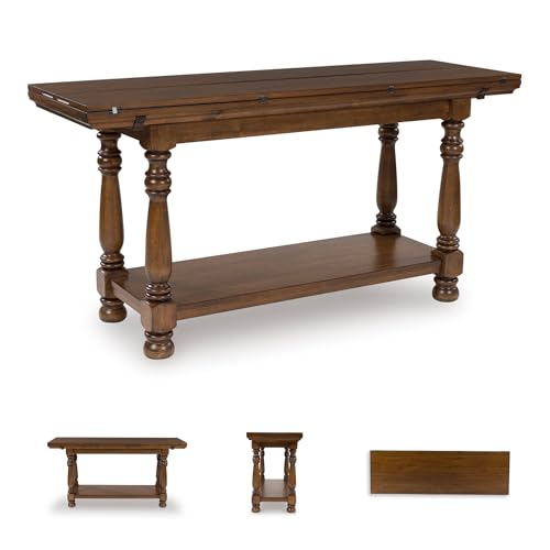 Signature Design by Ashley Sturlayne Flip Top Sofa Table, Expandable Console to Dining Table, Drop Leaf Design with Hardwood Solids, Space-Saving Multi-Use Furniture for Living Room, Brown - color: Brown, style: Sofa Table