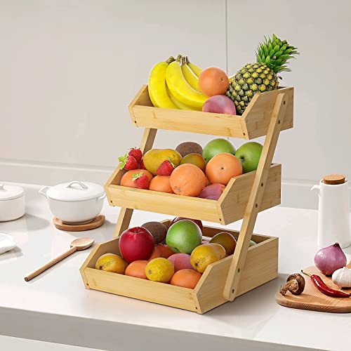 Merysen 3-Tier Bamboo Fruit Basket for Kitchen Countertop, Self-assembly | Large Fruit Holder Stand, Suitable for Bread, Snacks, Vegetables, Produce, Home Storage and Display - size: 3 Tier Bamboo