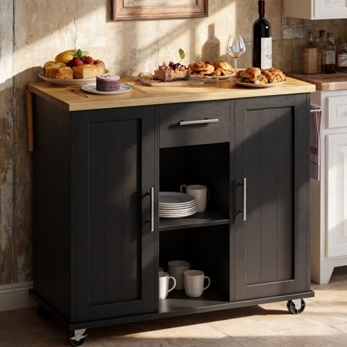SUNLEI Rolling Kitchen Island Cart with Wheels, Island Table for Kitchen, Farmhouse Kitchen Cart with Drop Leaf & Towel Rack & Drawer, Kitchen Island with Storage Cabinet, Black - style: Black