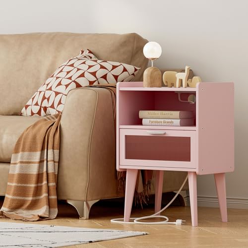 MMEOLUOOK Nightstand with Charging Station, Bedside Tables Pink End Table Side Table with 2 Tiers Storage Space, for Bedroom Living Room MLBZ07PE - color: Pink