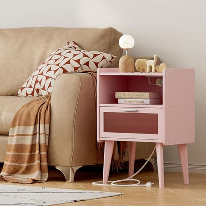 MMEOLUOOK Nightstand with Charging Station, Bedside Tables Pink End Table Side Table with 2 Tiers Storage Space, for Bedroom Living Room MLBZ07PE - color: Pink