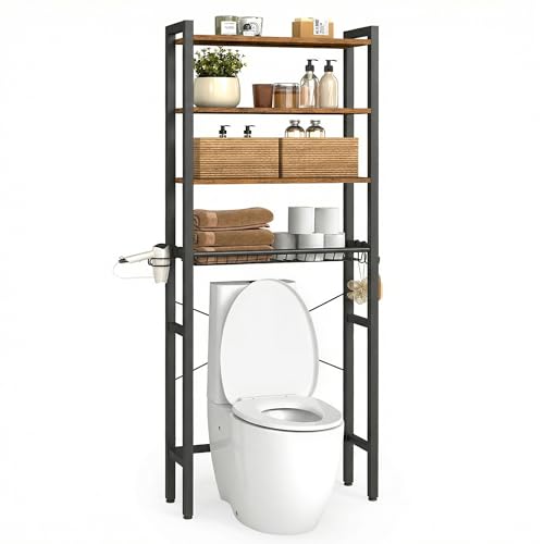 VASAGLE BARNET Collection - Over the Toilet Storage, Over Toilet Bathroom Organizer with Adjustable Shelves and Basket, 3 Hooks, Space Saving, 9.4 x 23.6 x 68.1 Inches, Rustic Brown UBTS114KD01S - color: Rustic Brown, style: 4 Tiers (68.1" H)