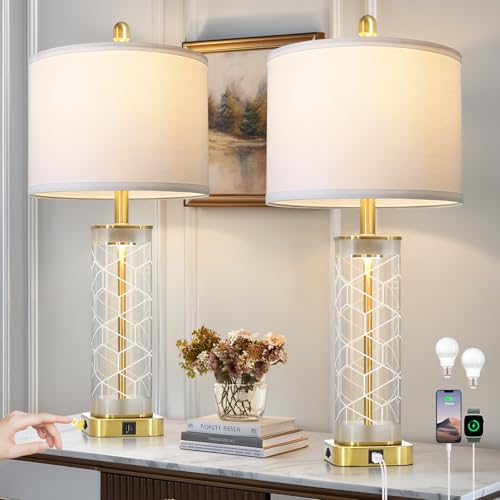 28" Gold Print Glass Table Lamps Set of 2 with Night Light, Modern Bedside Lamps with USB C+A Charging Ports, Nightstand Lamps for Living Room, Glass Lamps for Bedroom End Table, 2 Bulbs Included - color: Gold Print(2 Pack)