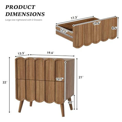 Modern Fluted Nightstand for Bedroom, Walnut Wood Bedside Table | Wood End Side Table with Arch Curved Design, Night Stand with 2 Drawer - color: Brown, size: 1 Pack