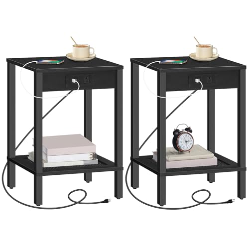 HOOBRO Side Table with Charging Station, Set of 2 End Table with USB Ports and Outlet, Nightstand with 2-Tier Storage Shelf, Faux Rattan Decoration, for Small Space, Black BK91UBZP201 - color: Black