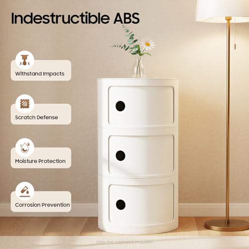 3 Tier Round Bedside Table, Round Storage Cabinet, Narrow Storage Cabinet for Bedroom Living Room Small Spaces (White) - color: White