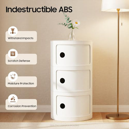 3 Tier Round Bedside Table, Round Storage Cabinet, Narrow Storage Cabinet for Bedroom Living Room Small Spaces (White) - color: White