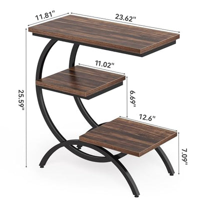 LITTLE TREE End Table, Narrow End Table with 3 Storage Shelves, Industrial C-Shaped Small Sofa Side Table for Living Room, Wood Slim Snack Table with Black Metal Frame, Rustic Brown - color: Rustic Brown