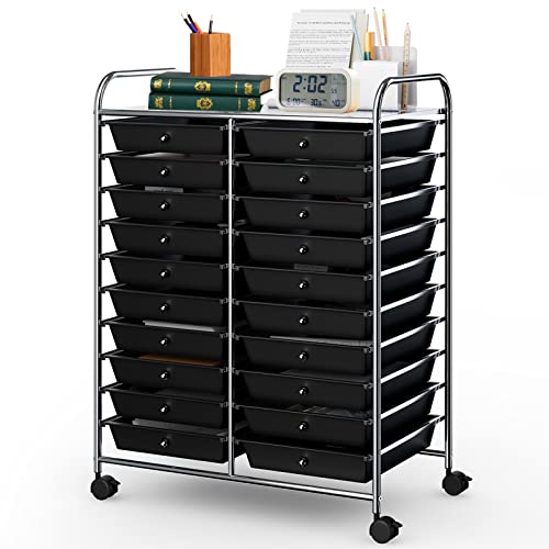 20-Drawer Rolling Storage Cart, Art Cart Organizer on Wheels, Metal Frame and Removable Drawers, Multipurpose Mobile Utility Cart for Classroom, Office, School, Home (Black)