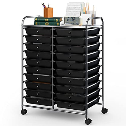 20-Drawer Rolling Storage Cart, Art Cart Organizer on Wheels, Metal Frame and Removable Drawers, Multipurpose Mobile Utility Cart for Classroom, Office, School, Home (Black)