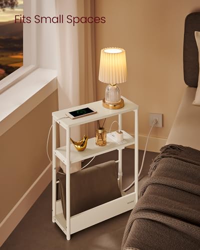 VASAGLE Side Table with Charging Station, Narrow End Table, 3-Tier Nightstand, Sofa Table for Small Spaces, Magazine Rack, for Living Room, Bedroom, Study, Cream White ULET335W01 - color: Cream White