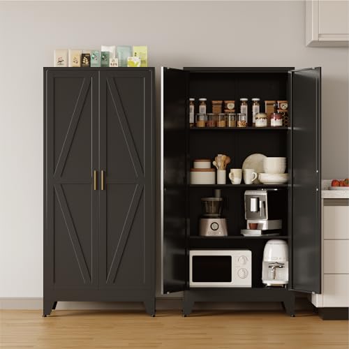 COFaR Metal Pantry Cabinet with Doors, Farmhouse 61'' Tall Storage Cabinet with 3 Adjustable Shelves, Kitchen Pantry Cabinet for Dinning Room, Garage, Laundry, Bathroom, Black 4-Tier - color: Black, size: 61 Tall 2 Doors-Farmhouse