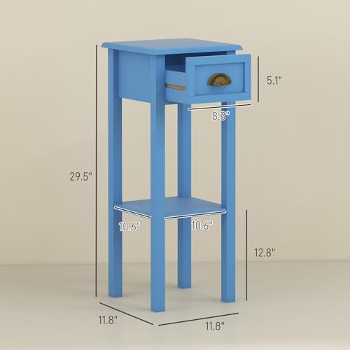 HOMCOM Narrow End Table with Drawer and Bottom Shelf Set of 1 Light Blue | Tall Telephone Table, Skinny Modern Design, for Small Spaces, Living Room - color: Light Blue