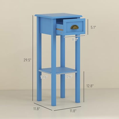 HOMCOM Narrow End Table with Drawer and Bottom Shelf Set of 1 Light Blue | Tall Telephone Table, Skinny Modern Design, for Small Spaces, Living Room - color: Light Blue