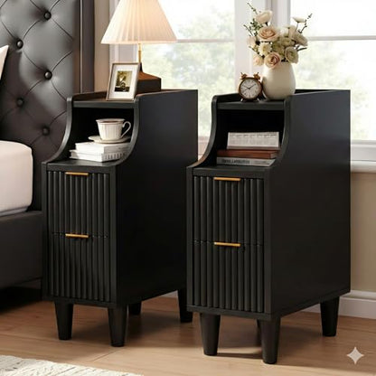 7.9" Narrow Fluted Nightstand Set of 2,Slim Side End Table with 2 Drawers,Black Modern Bedside Table,Skinny Night Stand for Small/Compact Space, Motorhome (Black) - color: Black