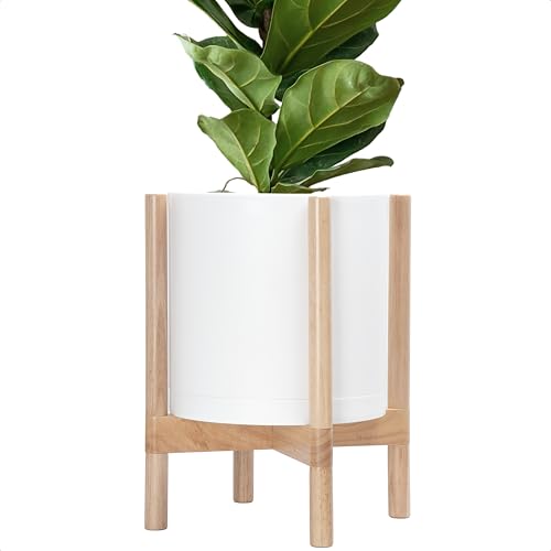 D'vine Dev Plastic Pot with Natural Wood Stand, White, 12 in, 55-C-P-1 | Mid-Century Inspired Design, Elevated Plant Display, Clean Lines, Sturdy Support, Modern Space-Saving Style - color: Matte White Pot + Natural Stand, size: 12 Inch
